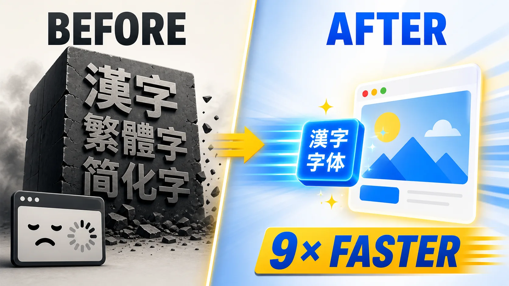 Before and after: subsetting made CJK render batches about 9 times faster